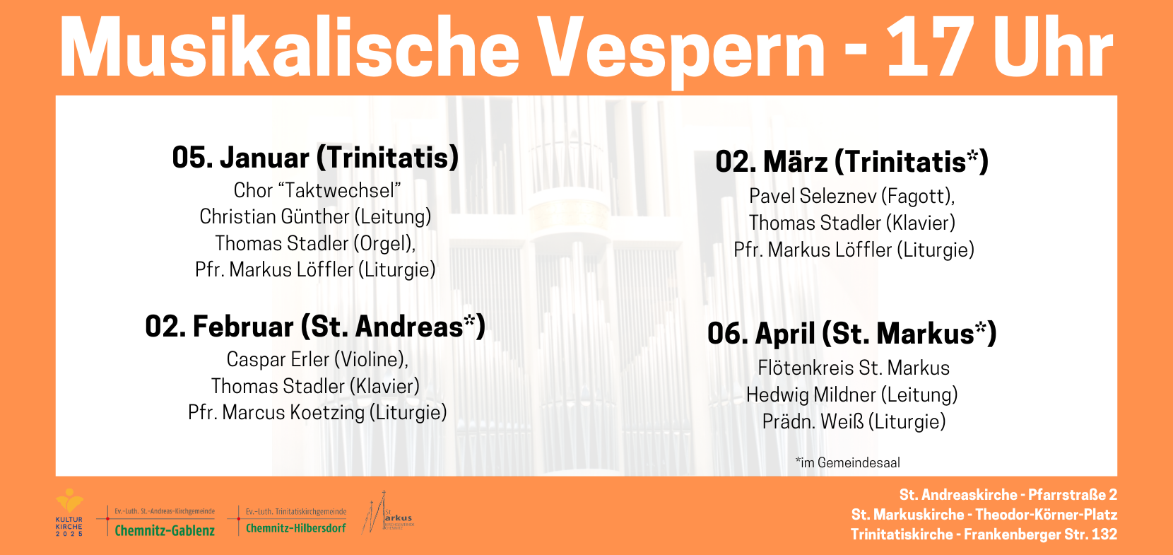 Musikalische Vespern Januar – April 2024