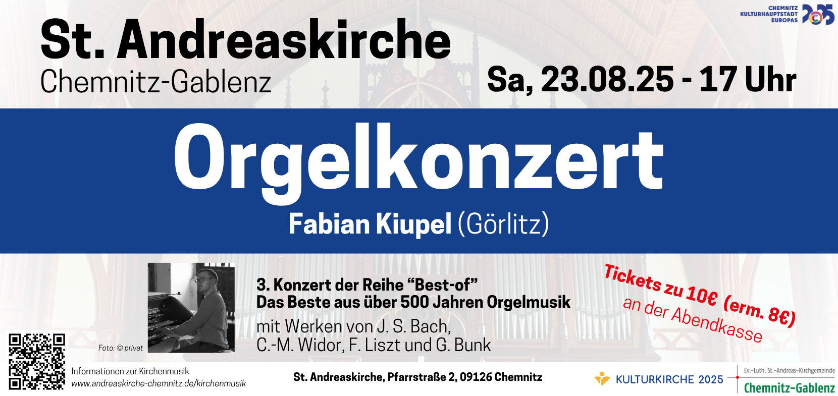 Orgelkonzert 23.08. – Fabian Kiupel (St. Andreas)